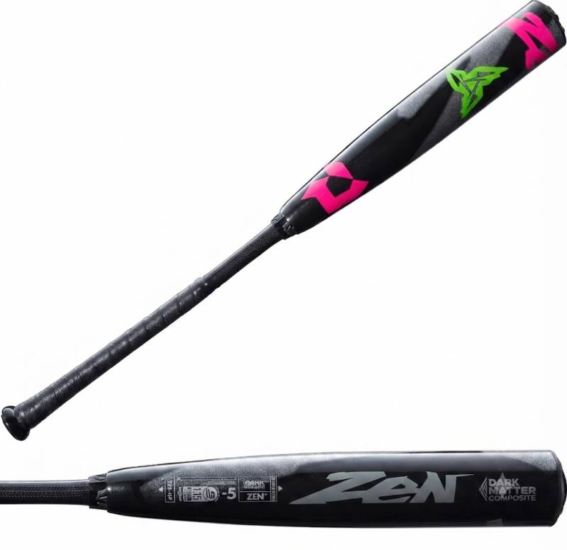 DeMarini 2025 Limited Edition Zen USSSA Baseball Bats, a black bat with pink and green graphic accents and a black grip.