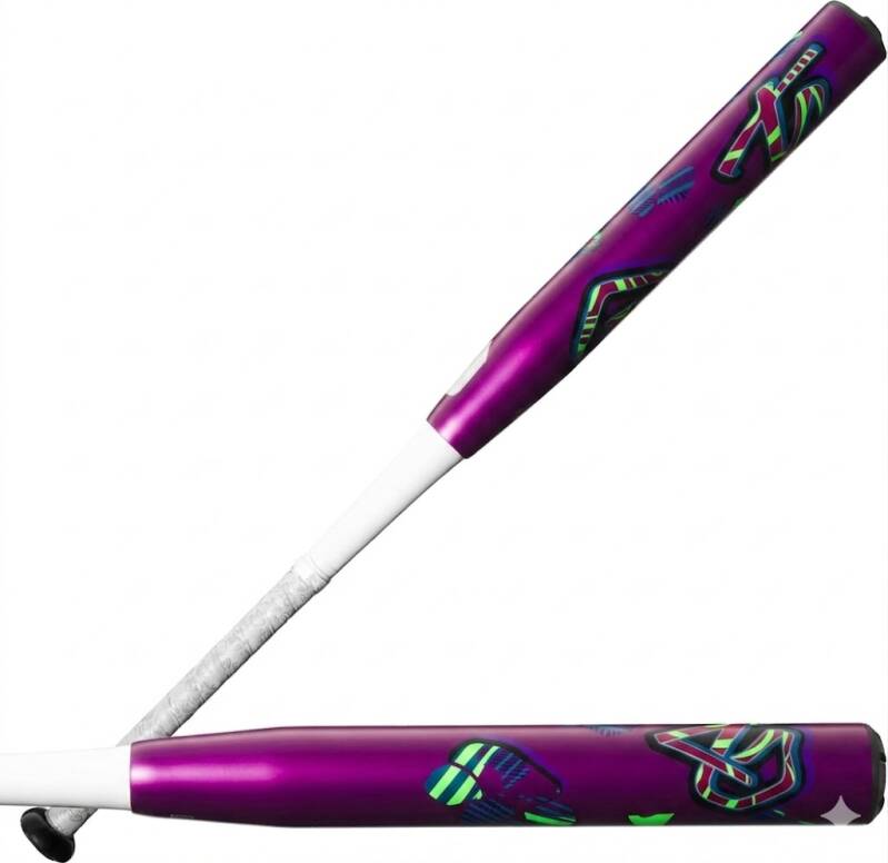 A purple fastpitch softball bat with green and blue abstract patterns on the barrel on a solid white background.