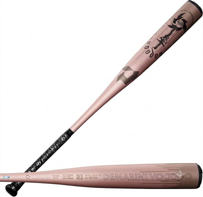 DeMarini 2025 Voodoo® One (Drop 3) BBCOR baseball bat in a blush rose-gold finish with a black grip.