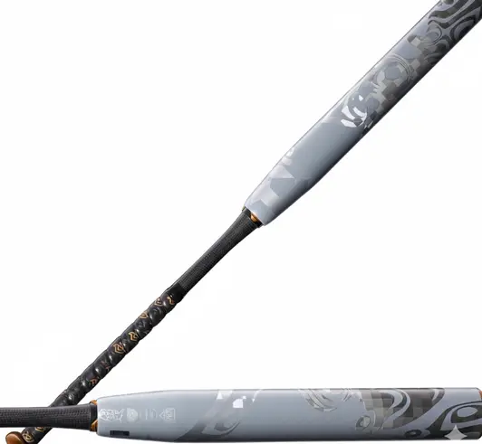 DeMarini 2025 Whisper Fastpitch bat showing two-piece composite construction and Whisper-specific barrel design on a neutral background.