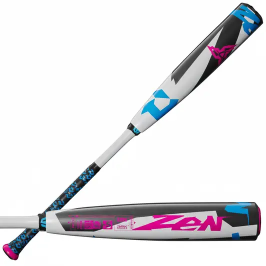 DeMarini 2025 Zen USSSA Baseball Bat displayed showing its two-piece composite construction and contact-optimized balanced barrel profile.