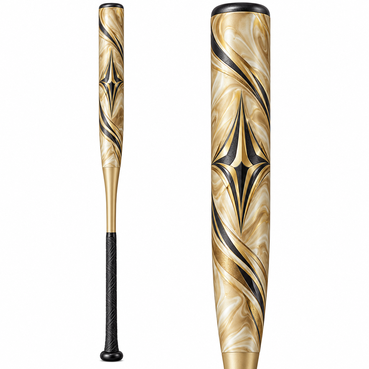 Aurum Performance baseball bats. A gold and white marble patterned bat and a black handled bat on a white background. "Aurum Elite" and "Aurum Performance" are displayed on the bats.