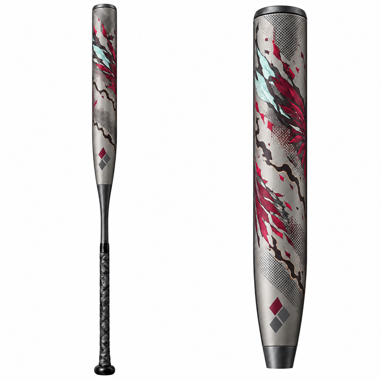 A matte battleship gray USSSA certified baseball bat (1.15 BPF) with a matching textured grip is displayed diagonally against a clean white background, featuring red and black performance specifications.