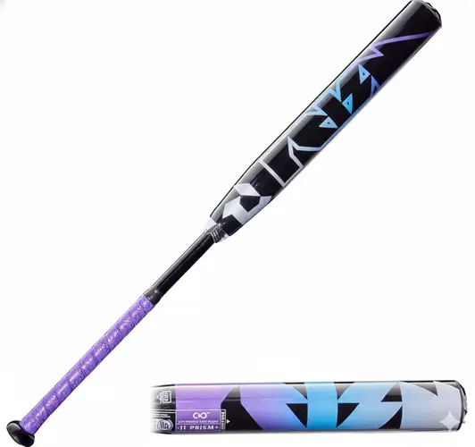DeMarini 2026 Prism+ Fastpitch Softball Bat displayed showing its two-piece composite construction and -11 drop weight design for competitive fastpitch power hitters.