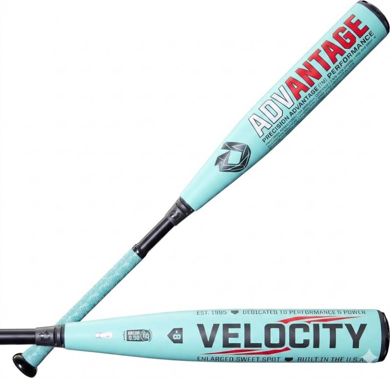 A studio photograph of two light teal and black baseball bats with red and white graphics and logos, leaning against each other against a white background.
