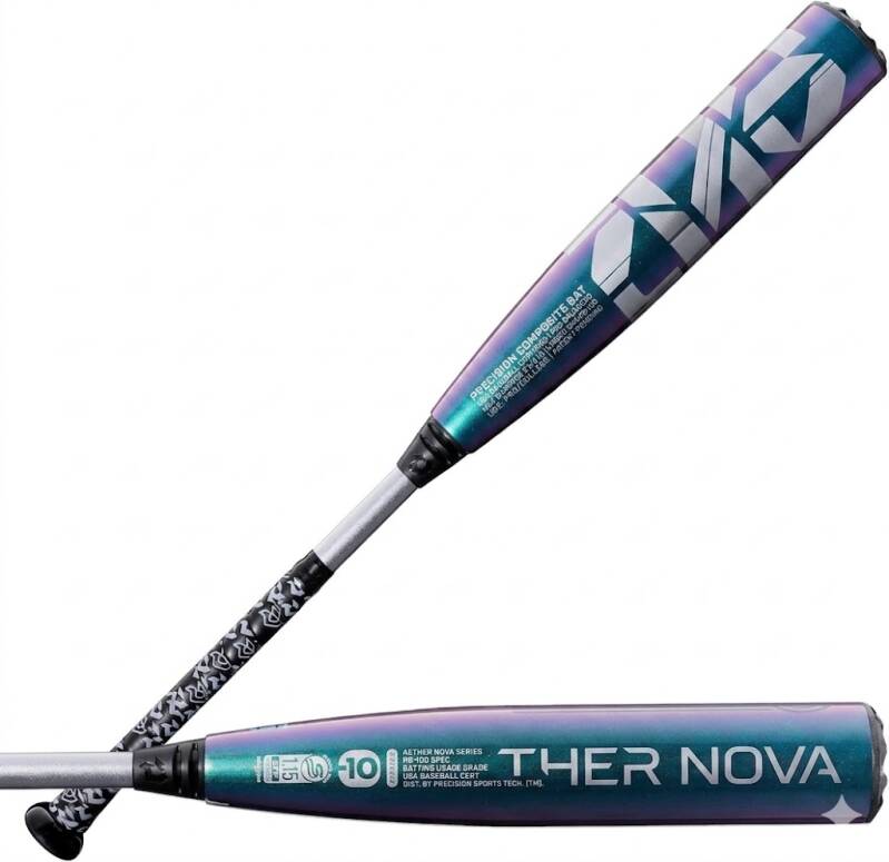 Two iridescent teal and purple composite baseball bats with white graphics are shown against a white background, one positioned diagonally and the other horizontally across its handle.