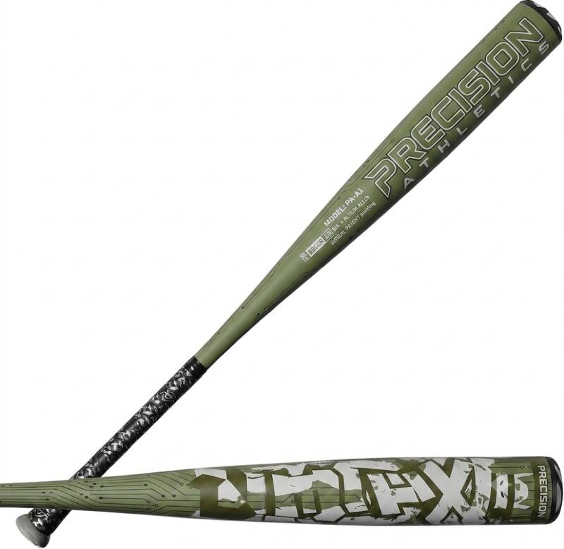 DeMarini | 2027| Exile Baseball Bat | BBCOR | -3 Drop | 1 Pc. Alloy in olive green fading to white with a black-and-white camo-pattern grip.