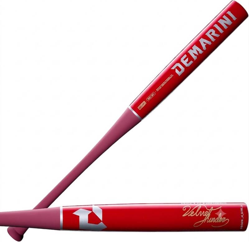 DeMarini 2027 Velvet Thunder D38 -3 BBCOR Baseball Bat in red with silver DeMarini logo and gold Velvet Thunder script, stamped BBCOR certified for high school and college play.