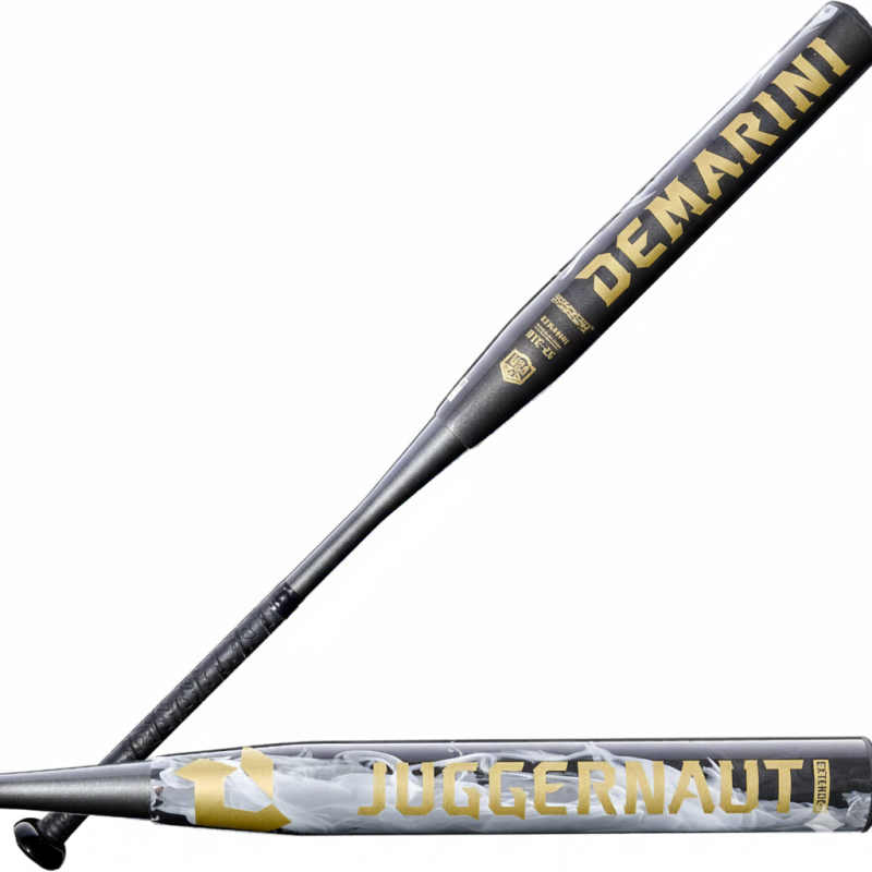 DeMarini 2026 Juggy Extended Slowpitch Softball Bats displayed showing the extended 34-inch length and two-piece composite end-loaded construction.