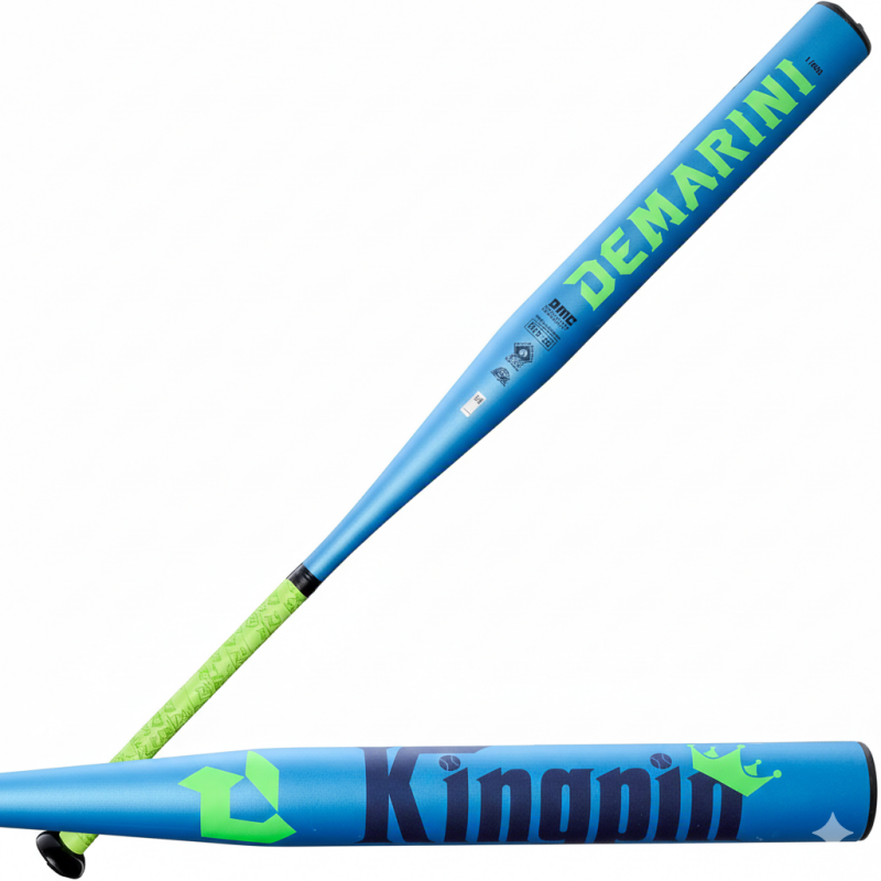 DeMarini 2026 Kingpin Midload Senior Slowpitch Bat displayed showing its two-piece composite construction and midload swing weight design for senior league players.