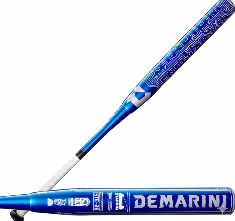 DeMarini 2026 Stadium Slowpitch Softball Bat displayed showing its two-piece composite construction and elite competitive design for tournament-level slowpitch players.
