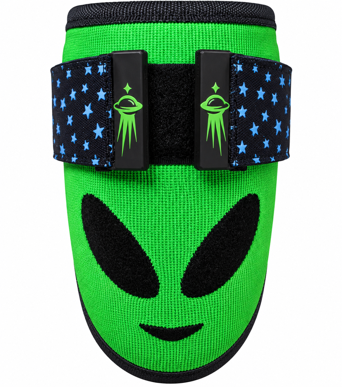 Baseball elbow guard by Diamond Drip, in green with an alien face design.