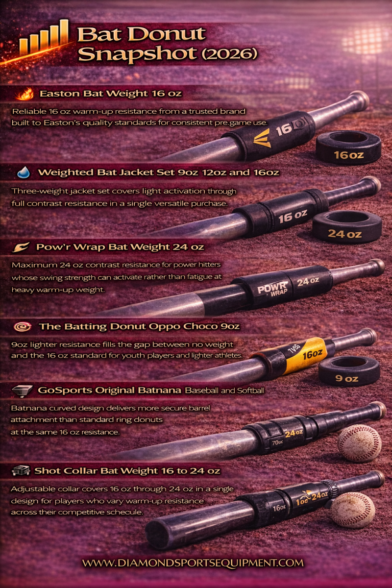 Comparison graphic featuring six bat weights with performance-focused descriptions and Diamond Sports Equipment branding.