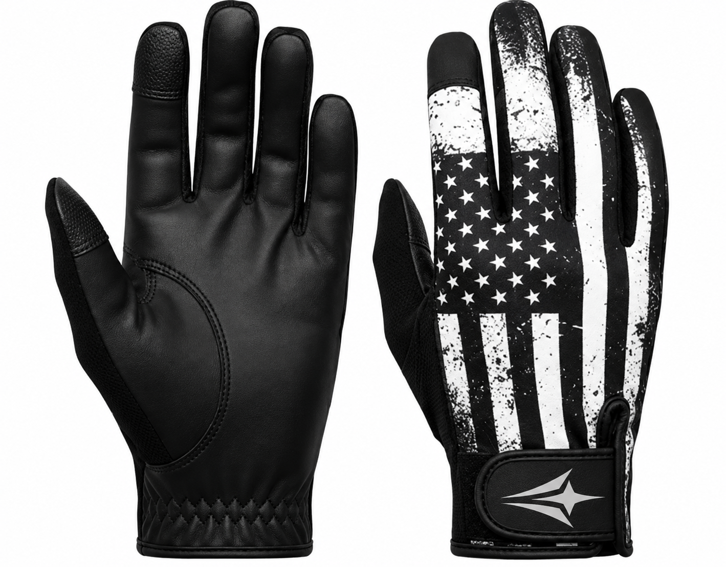 Batting gloves by Dot Stitch, in black with a white American flag print.