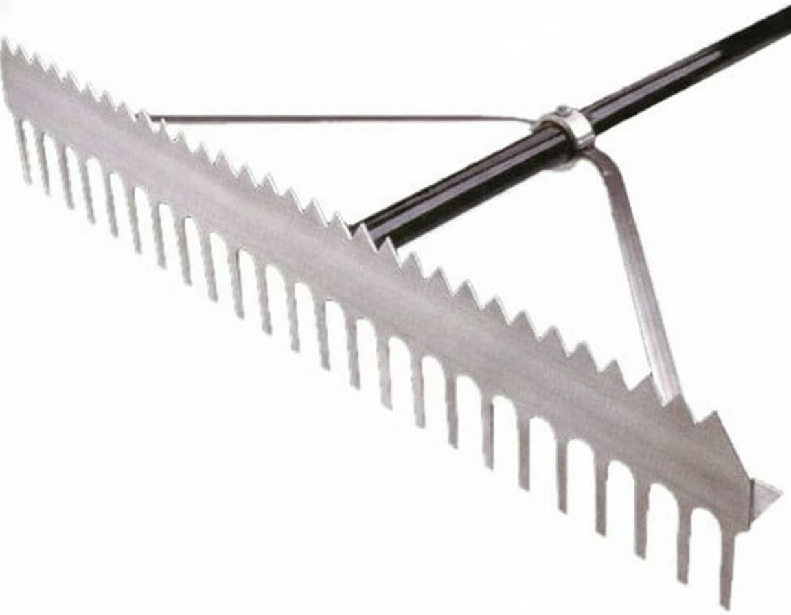 Double-Play Rake 36-Inch displayed showing its double-sided rake head with clay-breaking short teeth and grooming long teeth for baseball and softball infield detail maintenance.