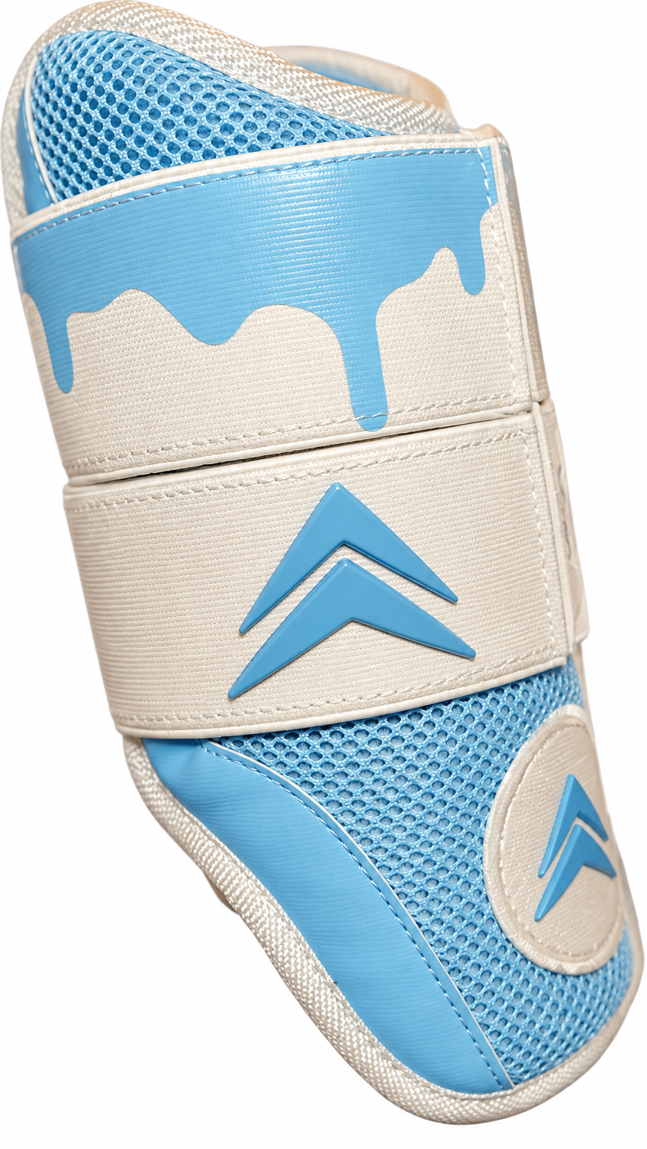 Baseball elbow guard by Drip and Rip for adults, in white and light blue.