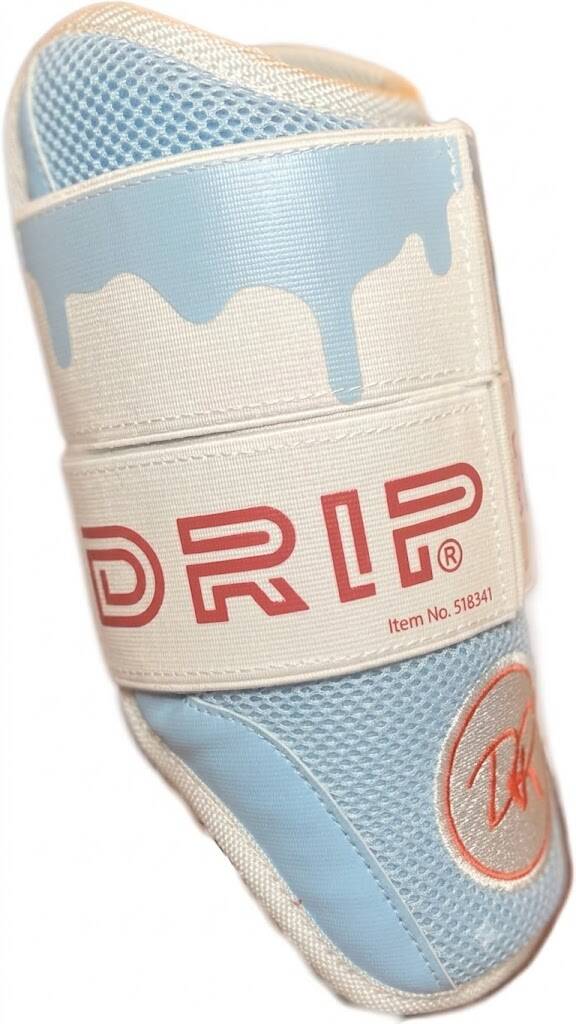Drip & Rip adult baseball elbow guard in light blue and white with ice cream drip design and adjustable strap.