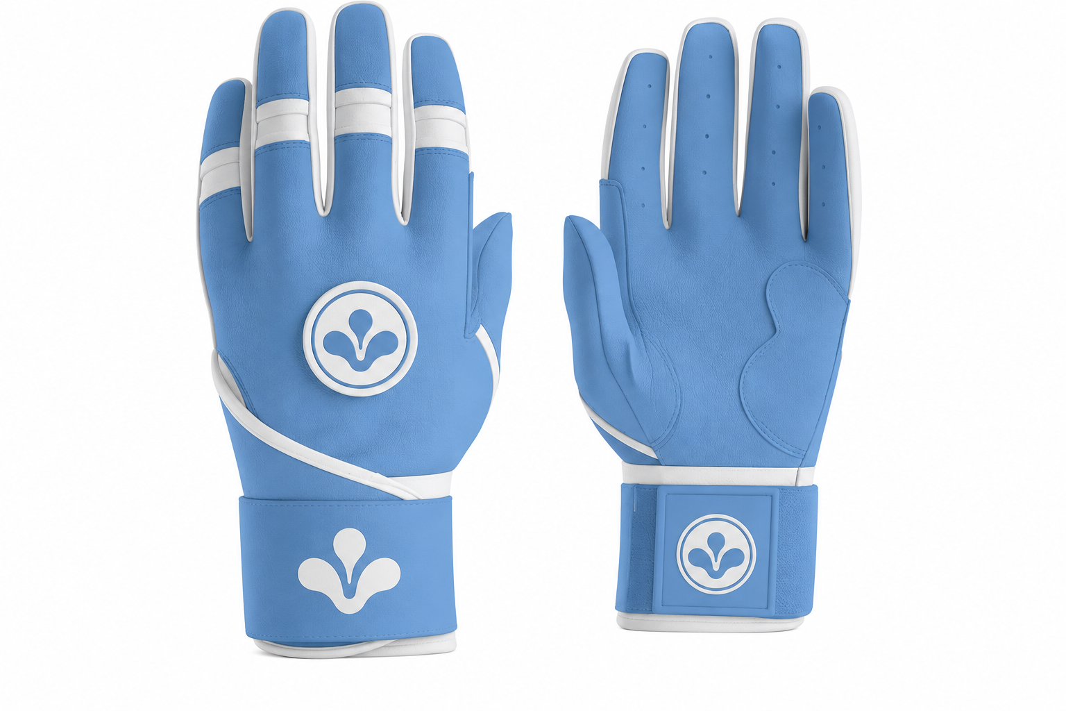 Batting gloves by Drip & Rip in light blue, with white trim.
