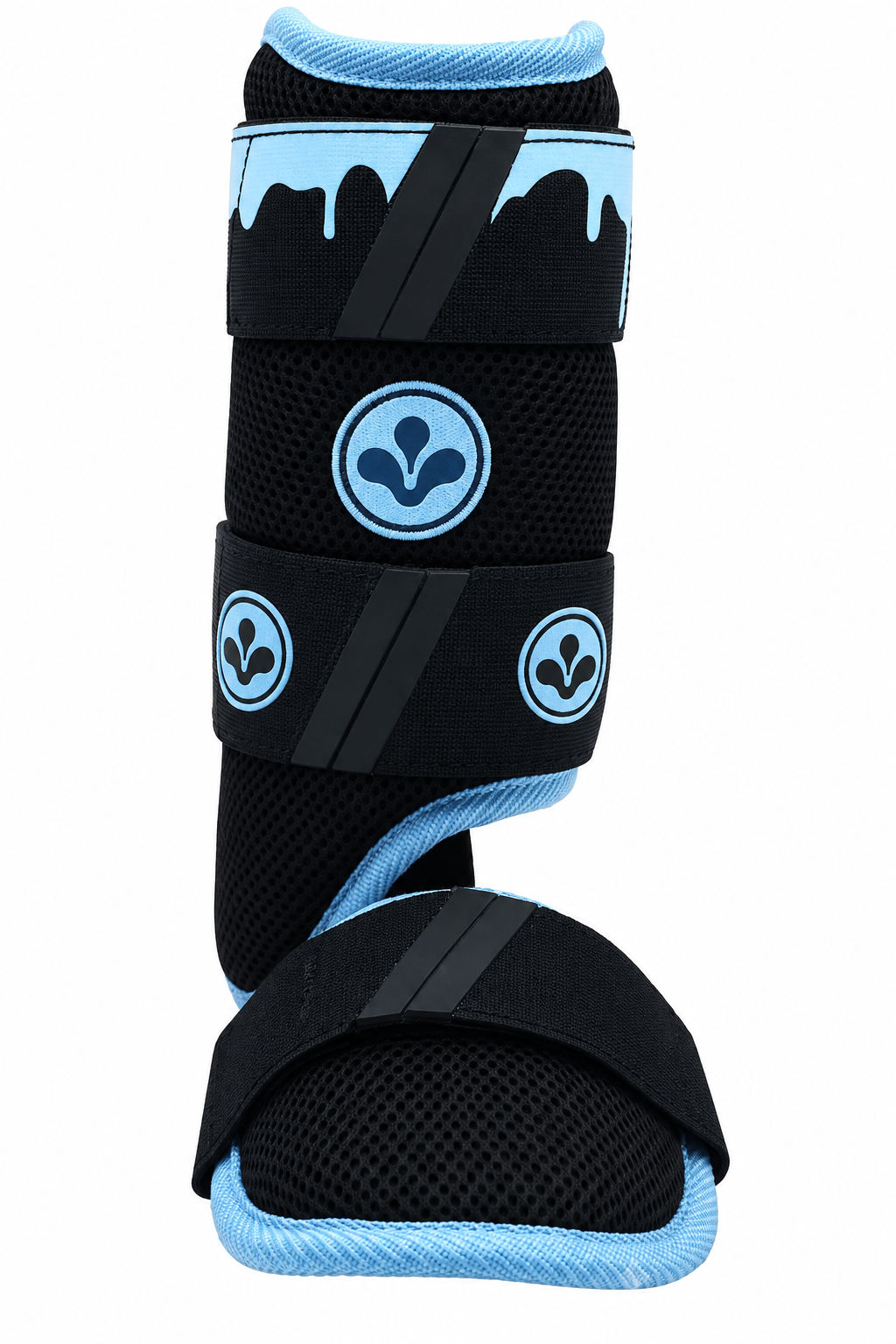 Baseball leg guard by Drip and Rip, in black mesh with light blue trim.
