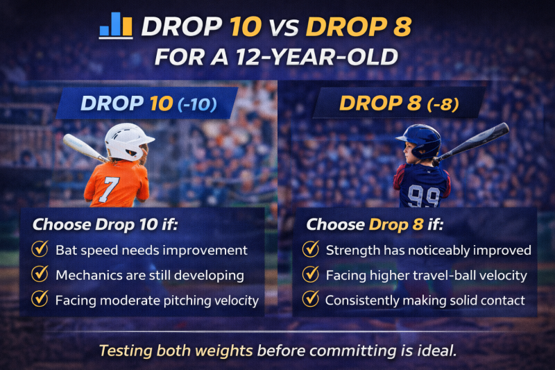 Comparison graphic showing differences between drop 10 and drop 8 USSSA baseball bats for 12-year-old travel players.