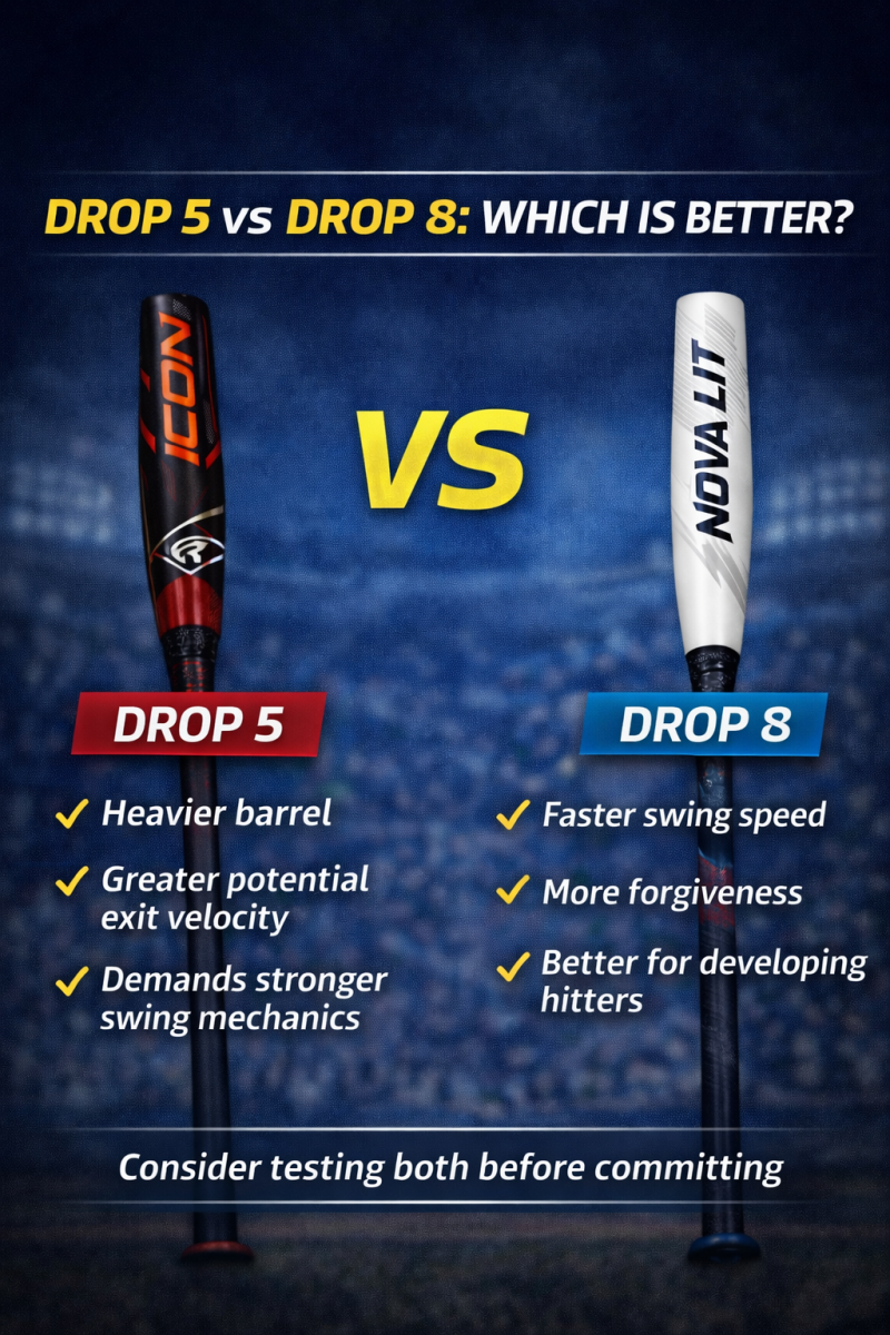 Comparison infographic showing differences between drop 5 and drop 8 baseball bats, highlighting swing speed, barrel weight, and player suitability.