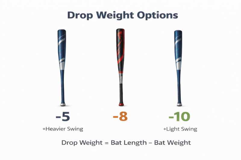 Baseball bat drop weight comparison graphic showing -5, -8, and -10 options and explaining how drop weight equals bat length minus bat weight.