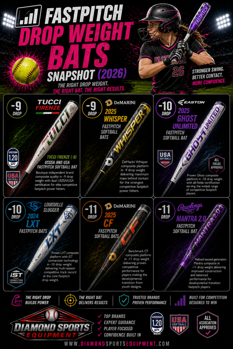 Fastpitch drop weight bats snapshot infographic showing six bats in a clean 2x3 layout with product names and Diamond Sports Equipment branding in the bottom left.