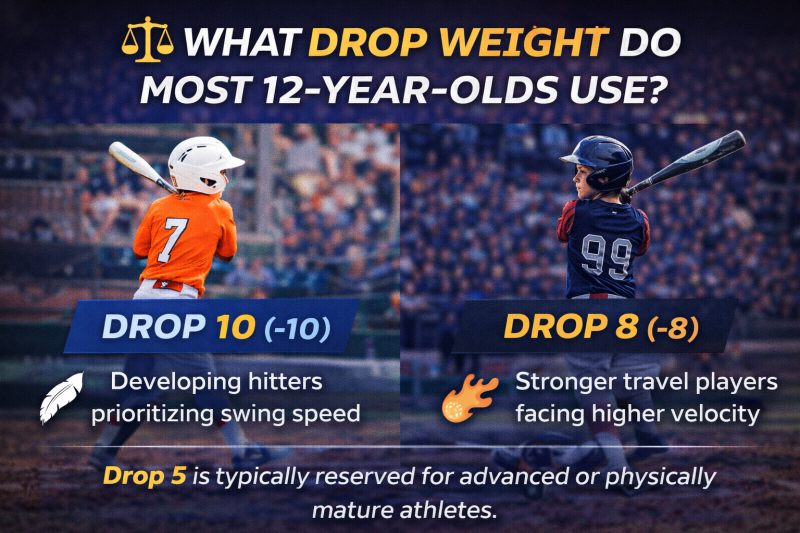 Infographic explaining that most 12-year-olds use drop 10 or drop 8 USSSA baseball bats depending on strength and competition level.