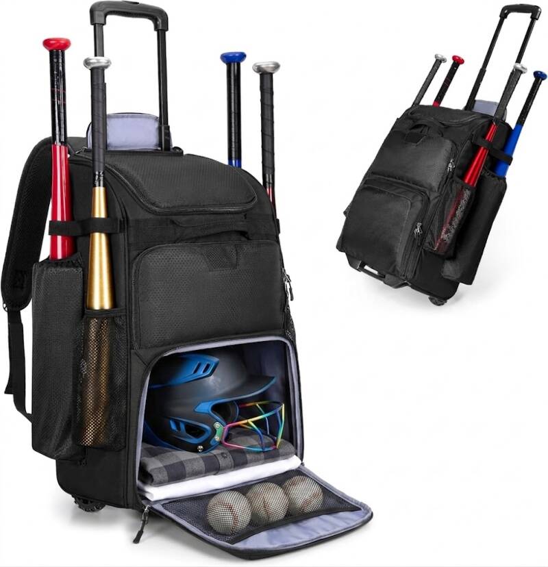 Black rolling baseball bag holding four bats and a batting helmet with an open front compartment containing baseballs.