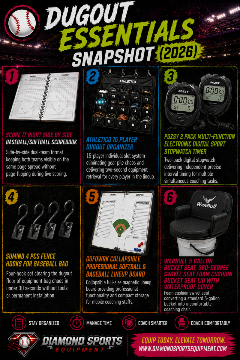 Dugout Essentials Snapshot (2026) featuring baseball and softball coaching tools including scorebooks, dugout organizers, digital stopwatches, fence hooks, lineup boards, and padded bucket seats.