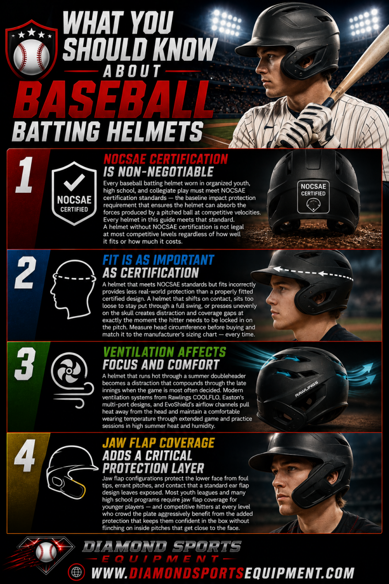 Baseball batting helmets infographic explaining NOCSAE certification, helmet fit, ventilation systems, and jaw flap protection for competitive baseball players.