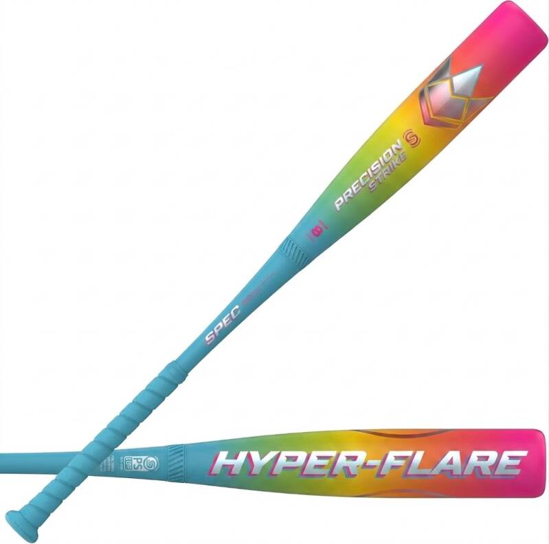 Two baseball bats with a vibrant blue, yellow, and pink gradient design on a white background.