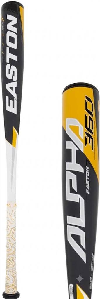 Easton | Alpha 360 Baseball Bat | BBCOR | -3 Drop | 2 5/8" Barrel | 1 Pc. Alloy in black and gold with a white diagonal accent and a gold-patterned grip.