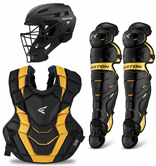 Easton Elite X 2.0 Baseball Catcher's Equipment Box Set displayed showing its premium Elite X construction across all three matched components for serious competitive catchers.