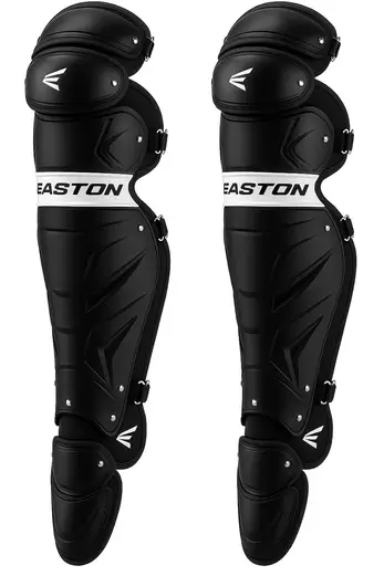 Easton Elite X Baseball Catcher's Leg Guards displayed showing their premium construction and multi-size design for competitive catchers across youth through adult age groups.