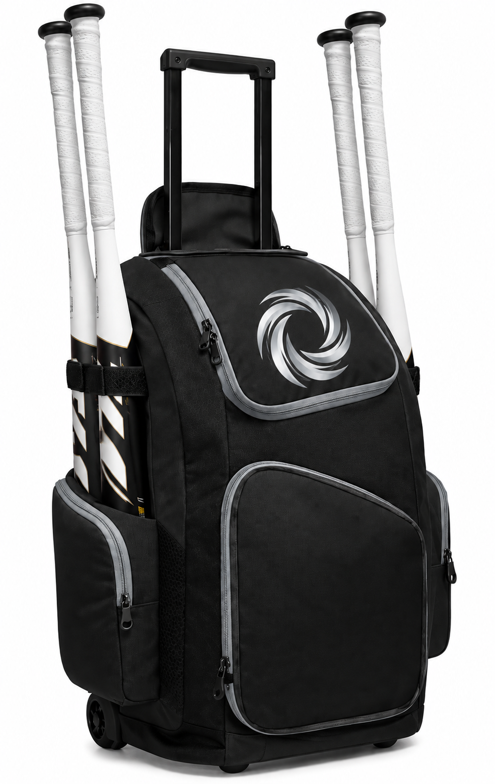 Rolling baseball bag by Easton, in black and gray with four bat sleeves.