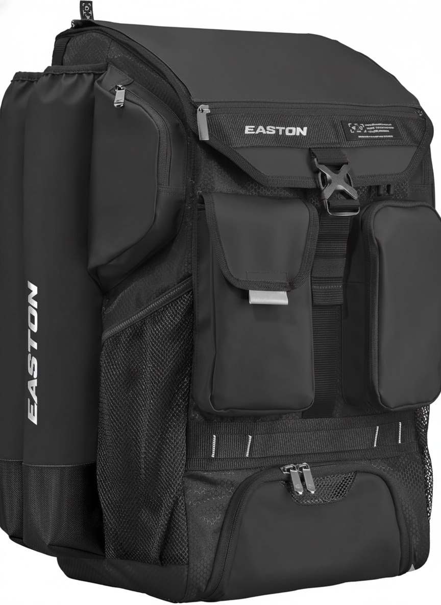 Easton Five Tool Phenom Backpack Equipment Bag Baseball and Softball with multi-compartment organization and external bat sleeve storage delivering complete game-day equipment management for slowpitch double-header schedules.