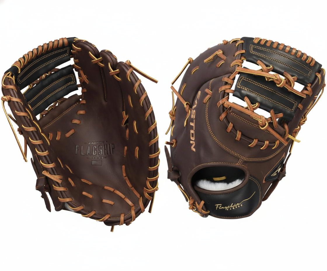 Easton Flagship First Base Mitt displayed showing its competitive leather construction and dedicated first base pocket design for high school and travel ball players.