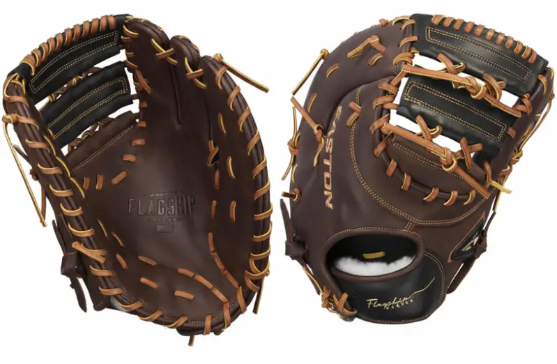 Easton Flagship first base mitt in dark brown leather with tan lacing, top-grain construction and deep closed web for high school and competitive adult players.