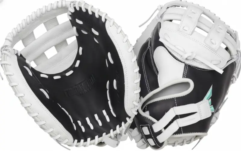 Easton Fundamental fastpitch softball catcher's mitt with pre-formed pocket, beginner-friendly and game-ready out of the box.