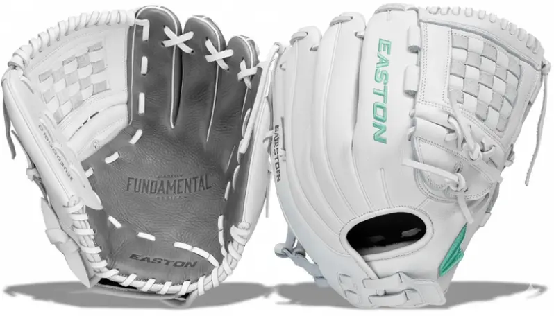 Easton Fundamental Fastpitch Softball Glove displayed showing its accessible construction and closed web pitcher design for recreational and developing fastpitch pitchers.