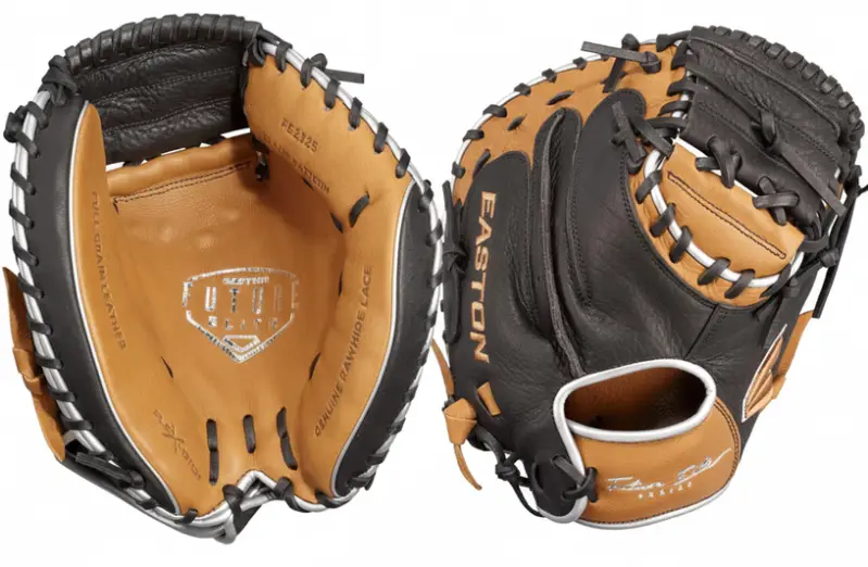 Easton Future Elite Youth Baseball Glove displayed in catcher's configuration showing its lightweight youth construction for younger recreational slowpitch catchers.