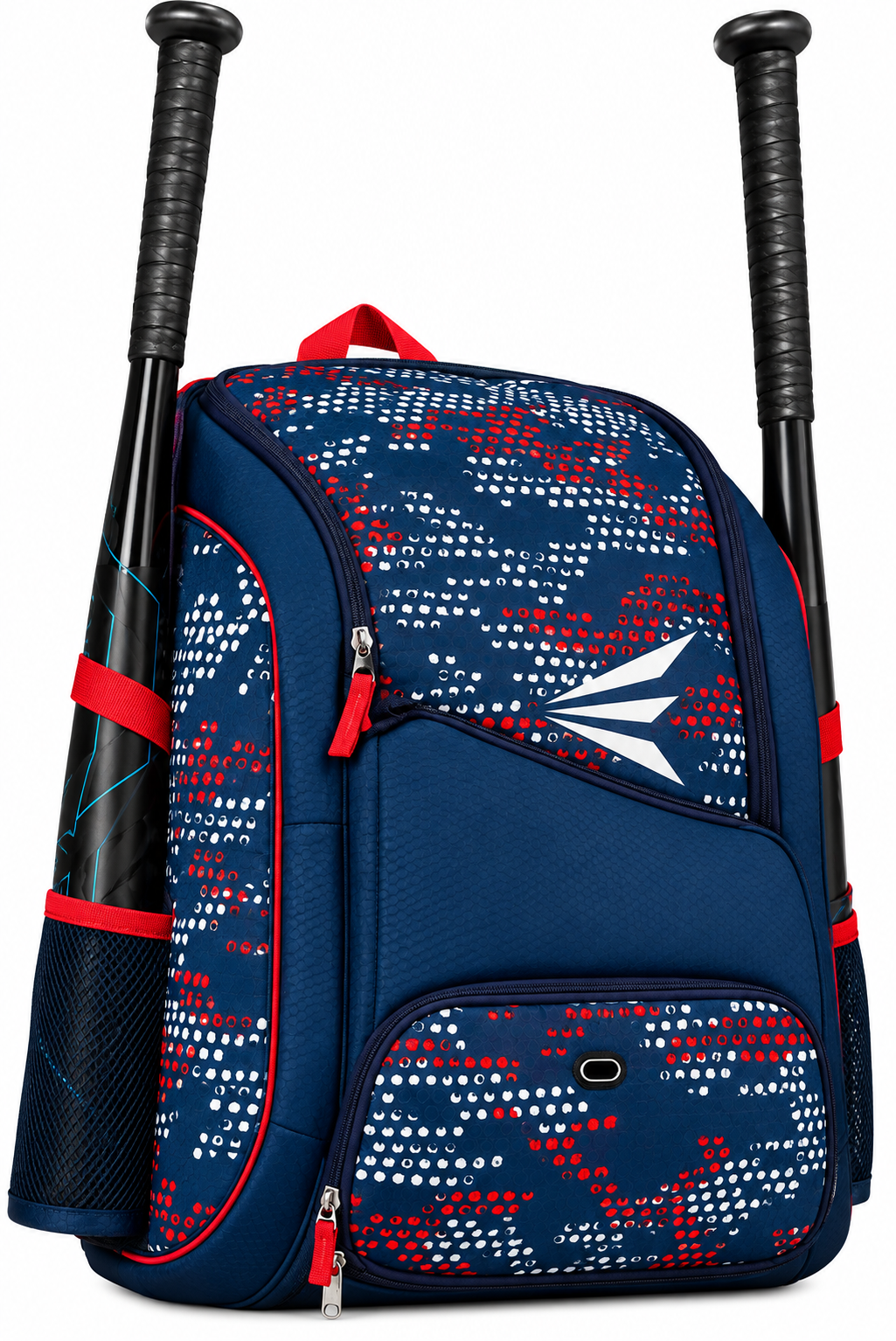 Bat backpack with side sleeves by Easton, the GAME READY in navy and red.