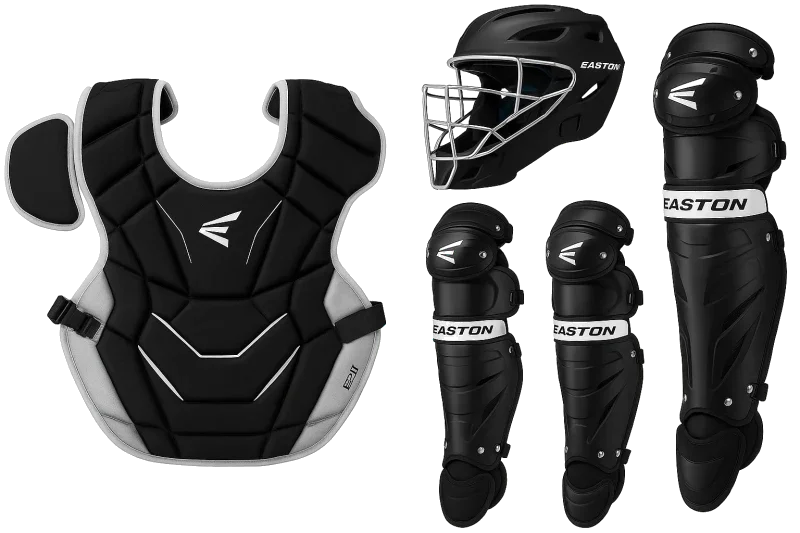 Easton Gametime 2.0 Baseball Catcher's Equipment Box Set displayed showing its complete NOCSAE approved three-piece construction for developing and competitive youth baseball catchers.