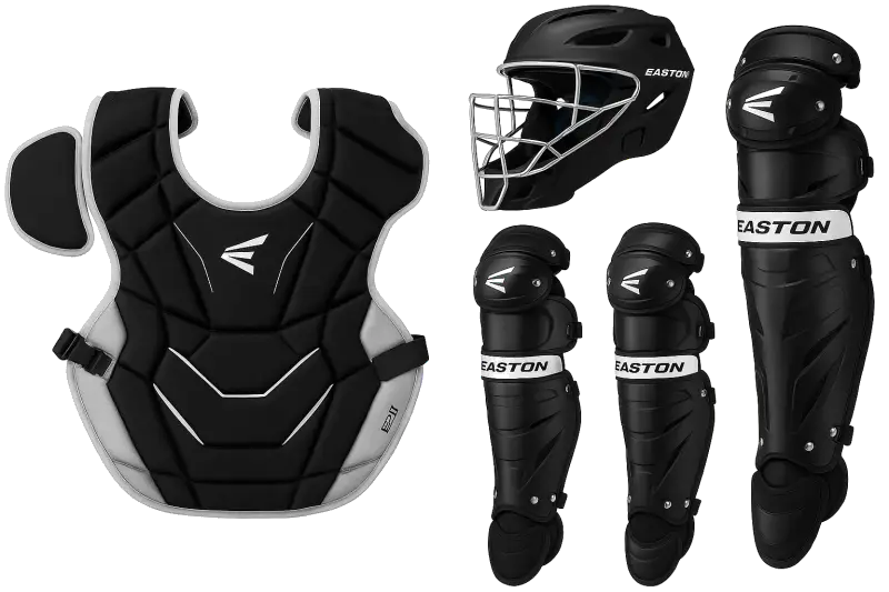 The Easton Gametime 2.0 Baseball Catcher's Equipment shown in its matched youth and adult three-piece platform construction for recreational catchers at every developmental stage.