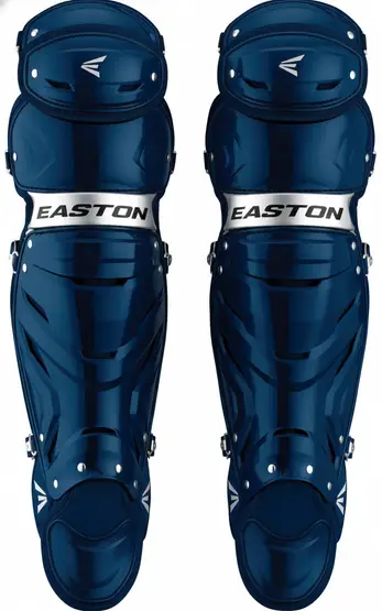 Easton Gametime Baseball Catcher's Leg Guards displayed showing their multi-size construction and reliable competitive design for youth through adult baseball catchers.