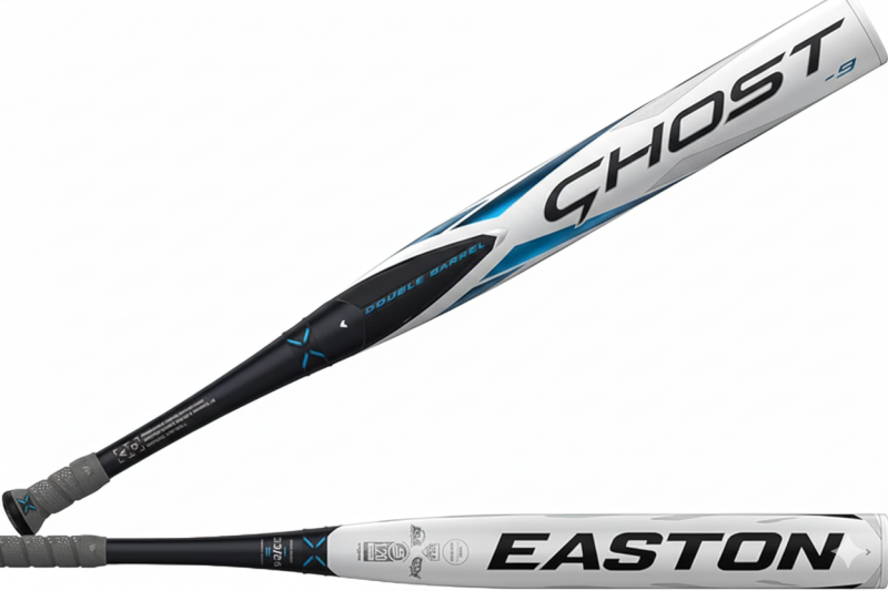 Easton Ghost Double Barrel Fastpitch Softball Bat displayed showing its two-piece composite construction and multi-drop barrel design across -11, -10, -9, and -8 drop weights.