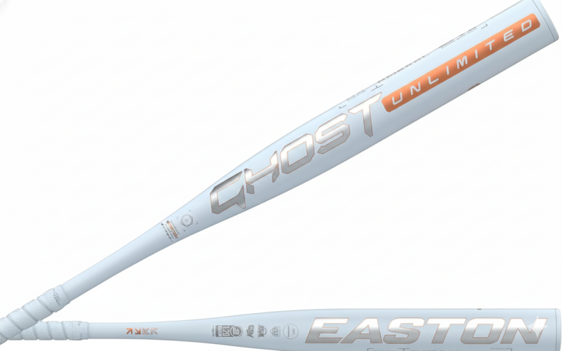 Easton 2025 Ghost Unlimited Fastpitch bat showing Double Barrel composite construction and Ghost Unlimited barrel technology on a neutral background.