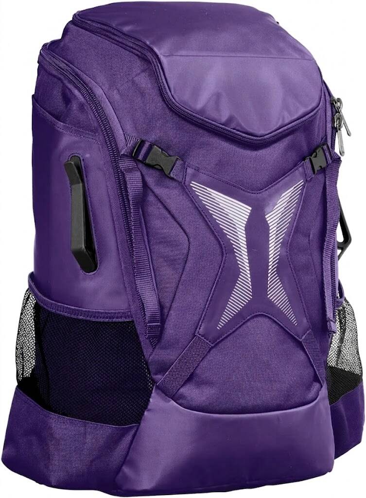 A purple baseball equipment backpack with a front gear clip and mesh side pockets on a white background.