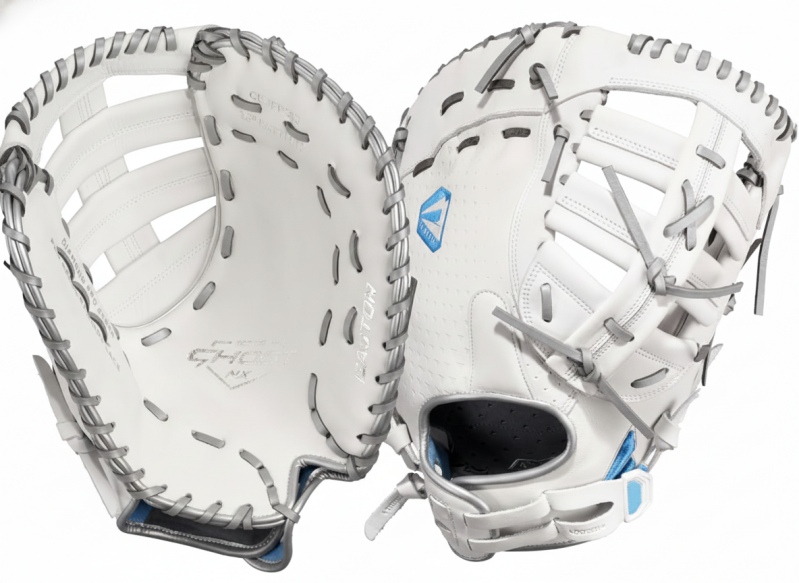 Easton Ghost NX Fastpitch Softball First Base Mitt displayed showing its proven Ghost NX leather construction and first base configuration for competitive fastpitch players.